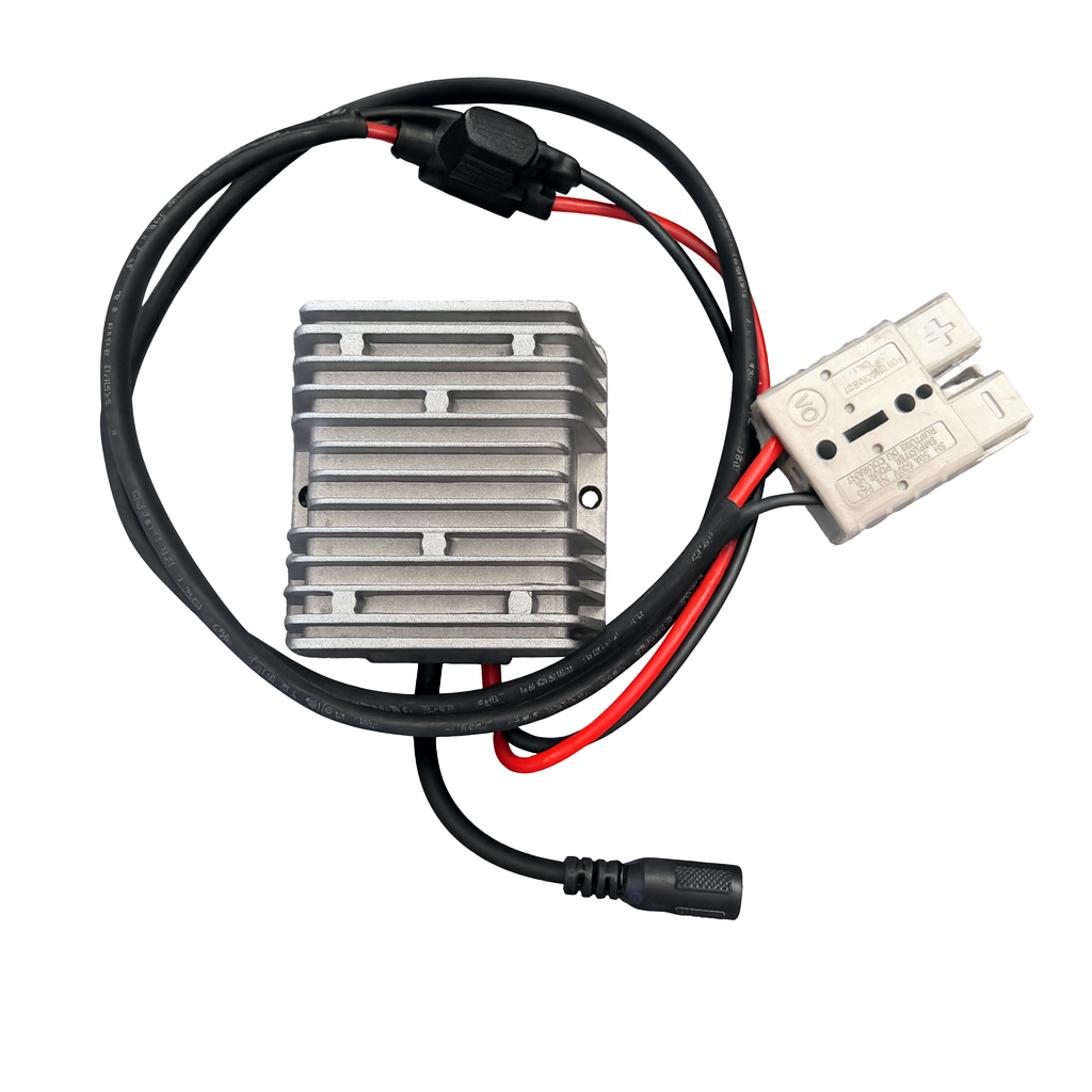 12V aluminium voltage booster regulator with Anderson plug and DC output connector, shown on white background