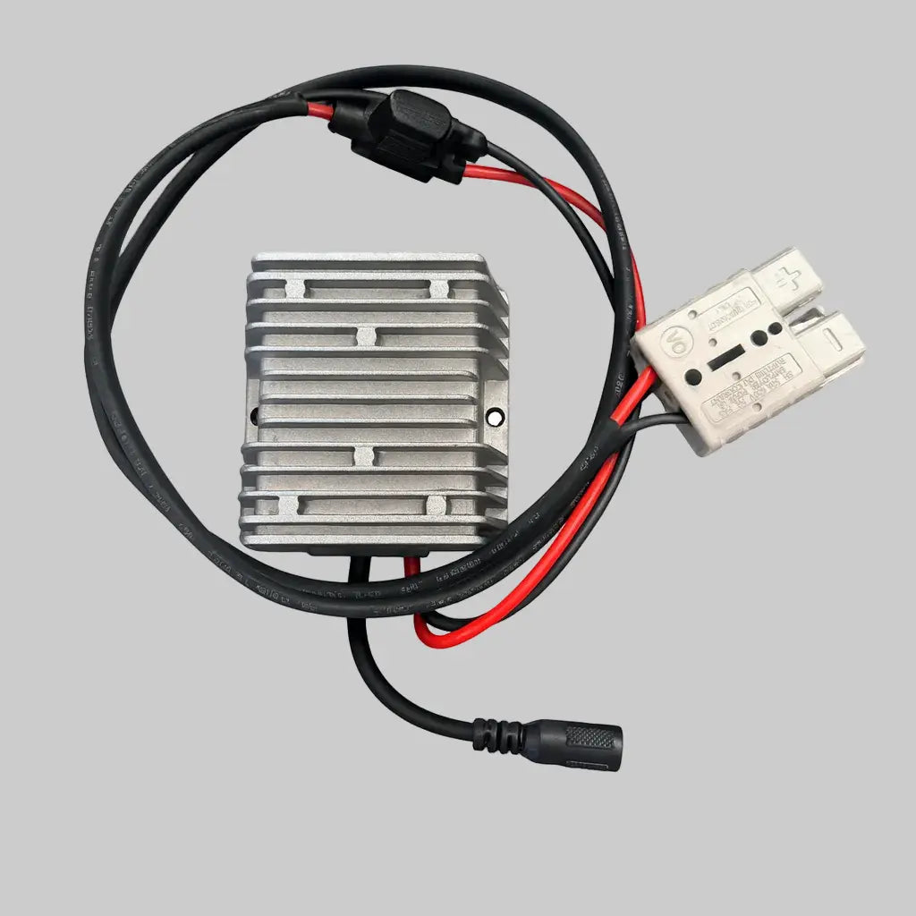 12V aluminium voltage booster regulator with Anderson plug and DC output connector, shown on white background