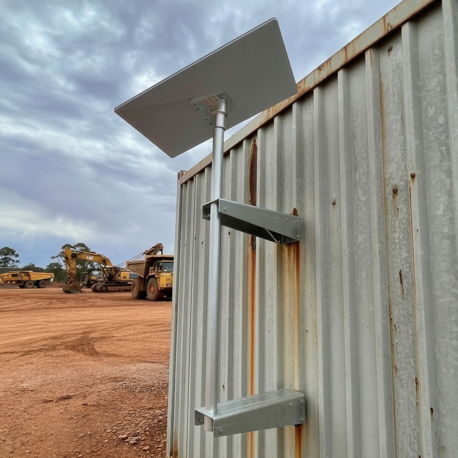 A starlink gen 3 mounted on an atco mount by spacetek on a mine site with heavy duty aluminium hardware
