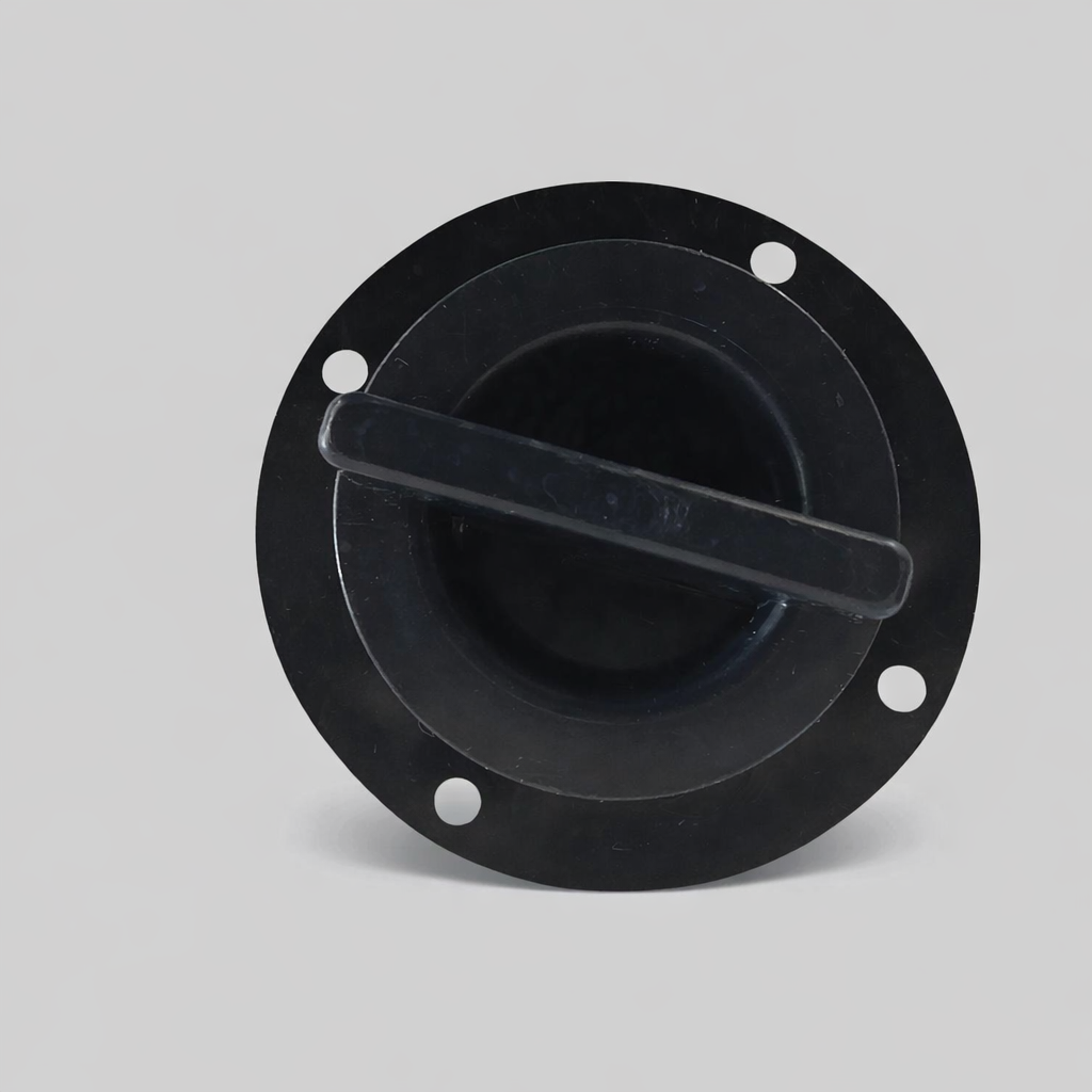 Black flush mount filler cap with integrated handle and four mounting holes, round plastic marine deck fitting