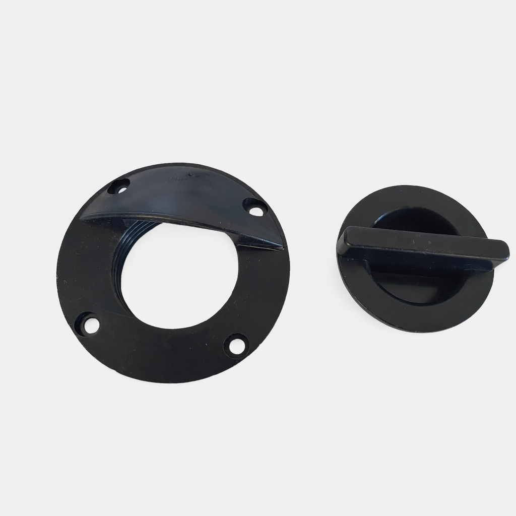 Black cable access bung components showing threaded base and removable cap for waterproof cable entry