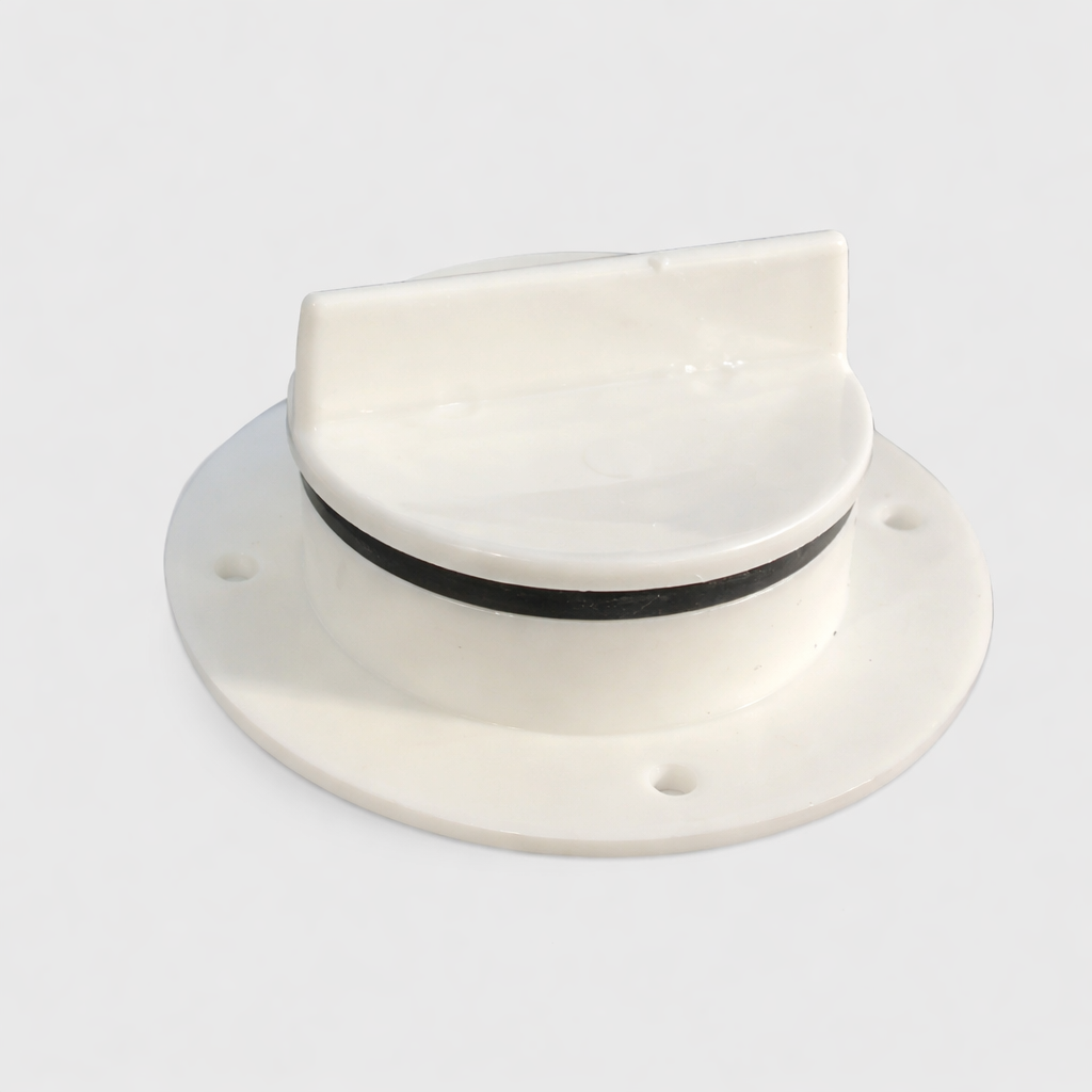 White screw-in cap for cable access bung with rubber seal for waterproof outdoor installations