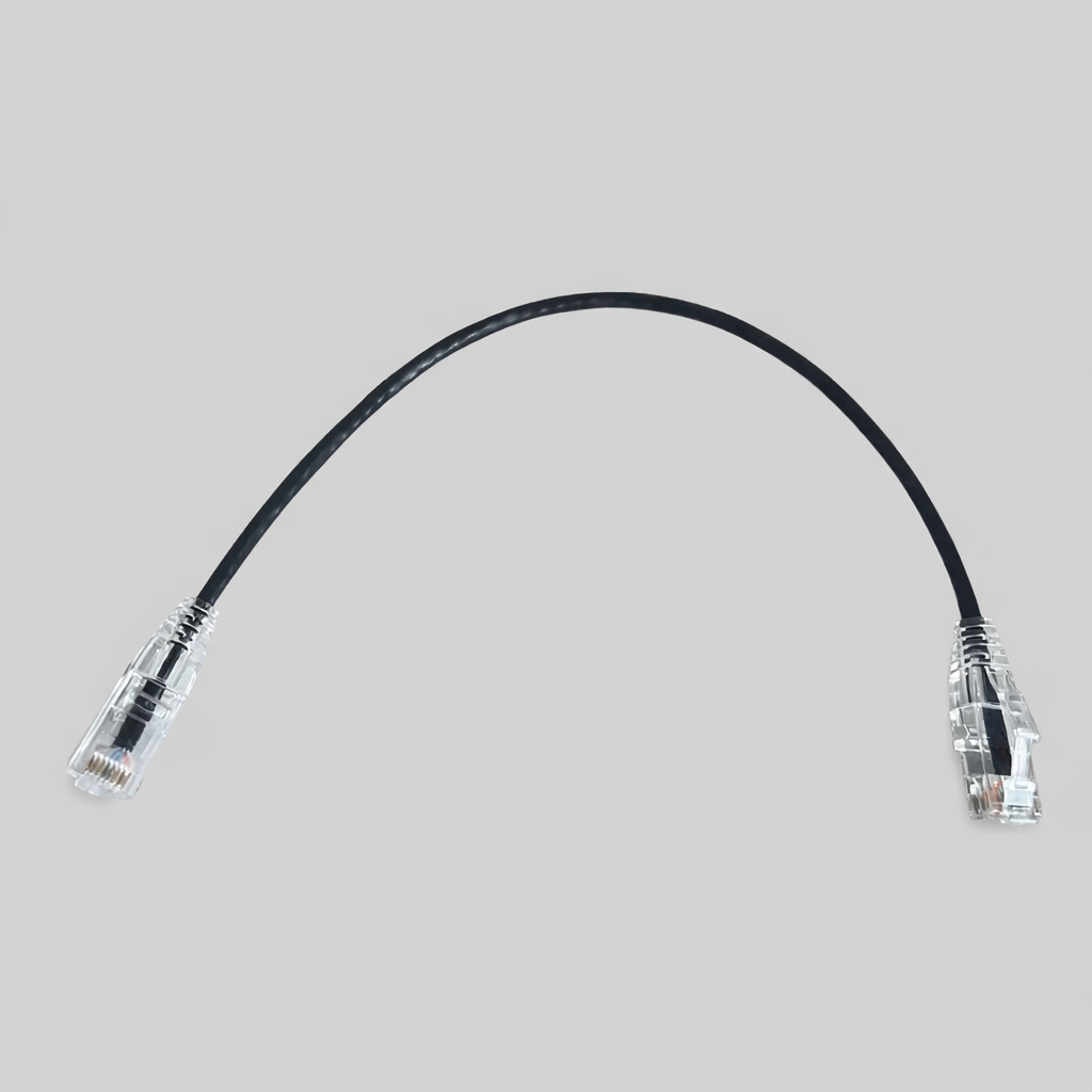 CAT6a slim 28AWG black Ethernet patch cable with clear RJ45 connectors for high-speed networking