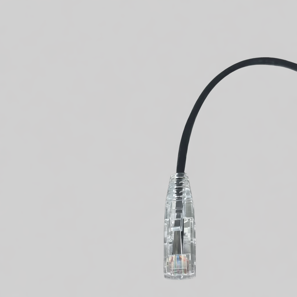 Close-up of CAT6a slim 28AWG Ethernet cable RJ45 connector showing gold contacts