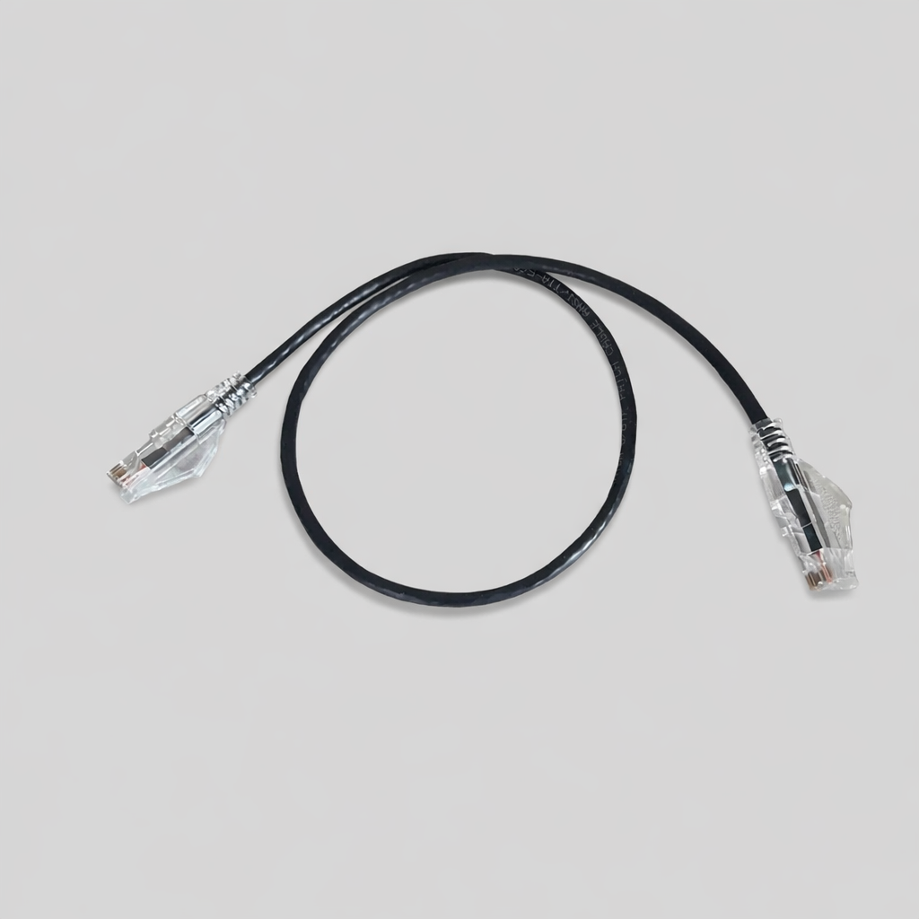 Black CAT6a slim Ethernet cable 28AWG with RJ45 connectors, flexible patch cable for high-speed network connections