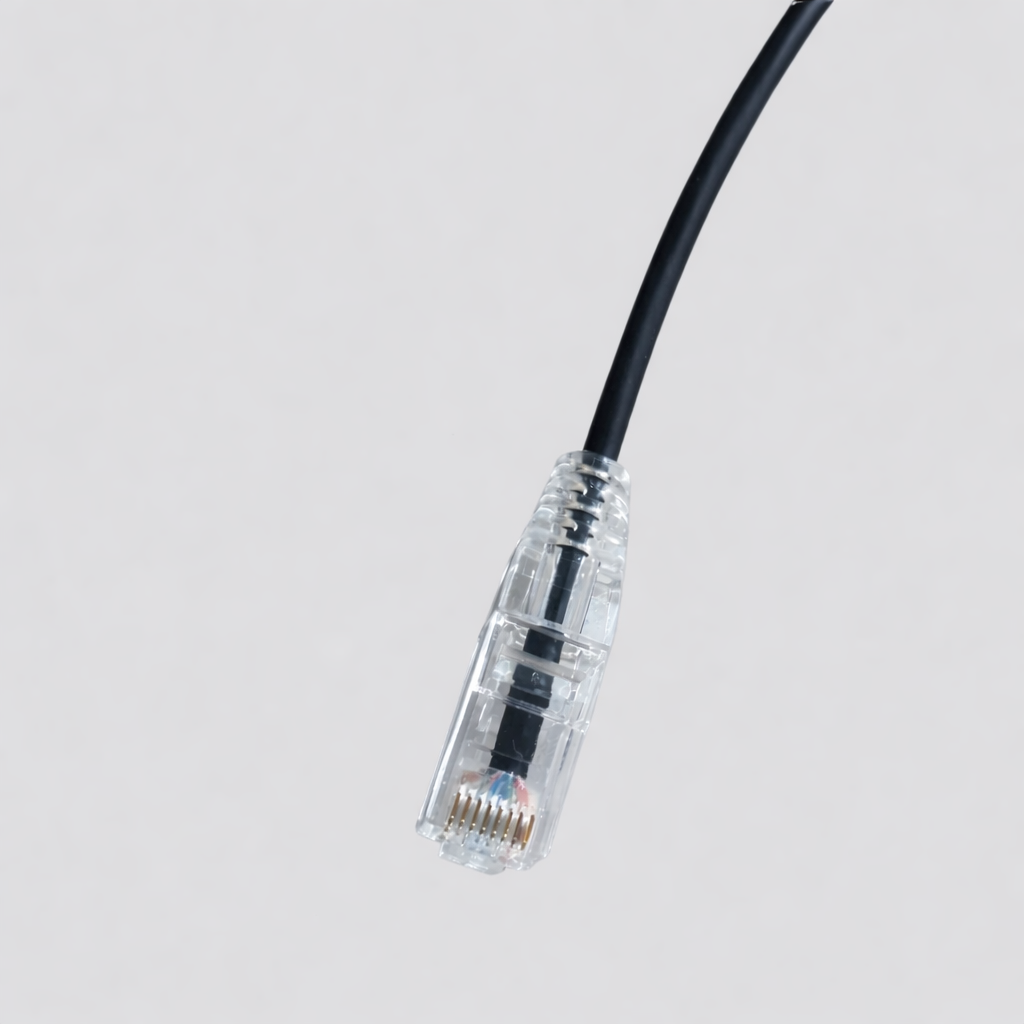 Detailed view of CAT6a slim 28AWG Ethernet cable RJ45 plug and flexible black network cable