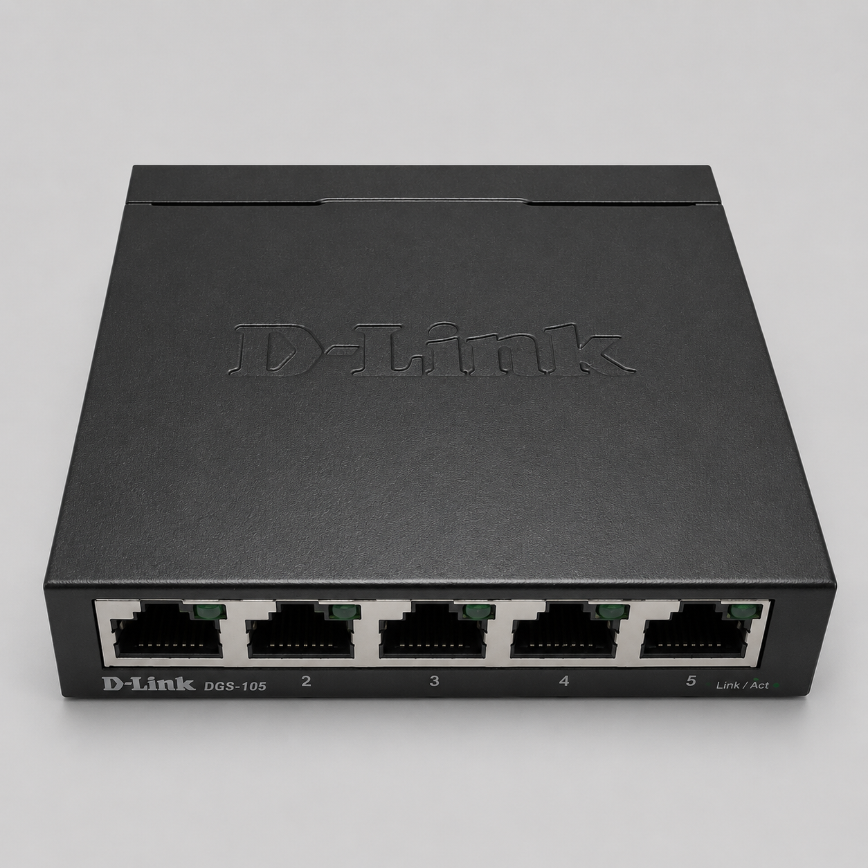 Angled front view of D-Link DGS-105 unmanaged 5 port gigabit Ethernet switch for Starlink network setup