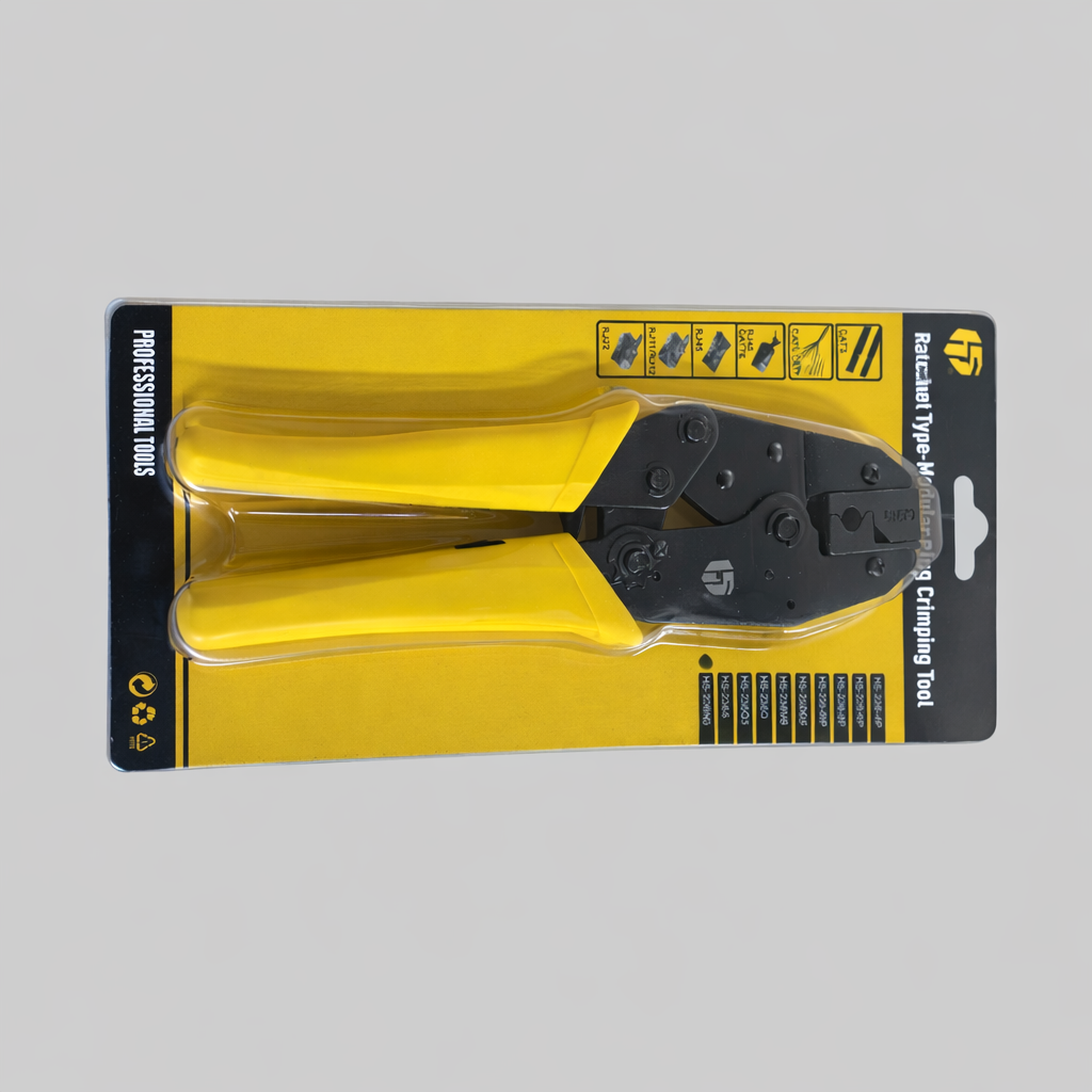 Heavy duty ratchet RJ45 crimping tool in retail packaging for Ethernet cable installation and network connector crimping