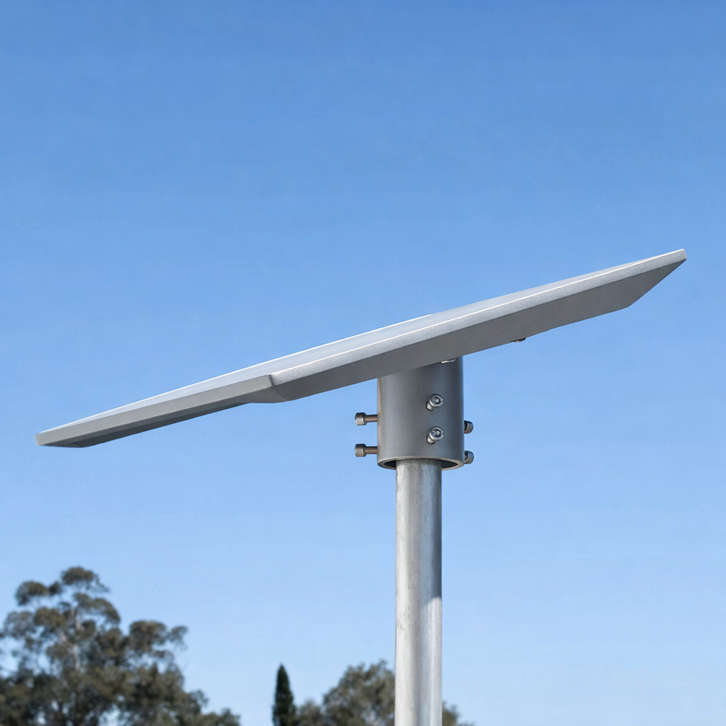 Installed side view of Spacetek Pole Mount Adapter for Starlink Gen 3 β outdoor setup on aluminium pole.