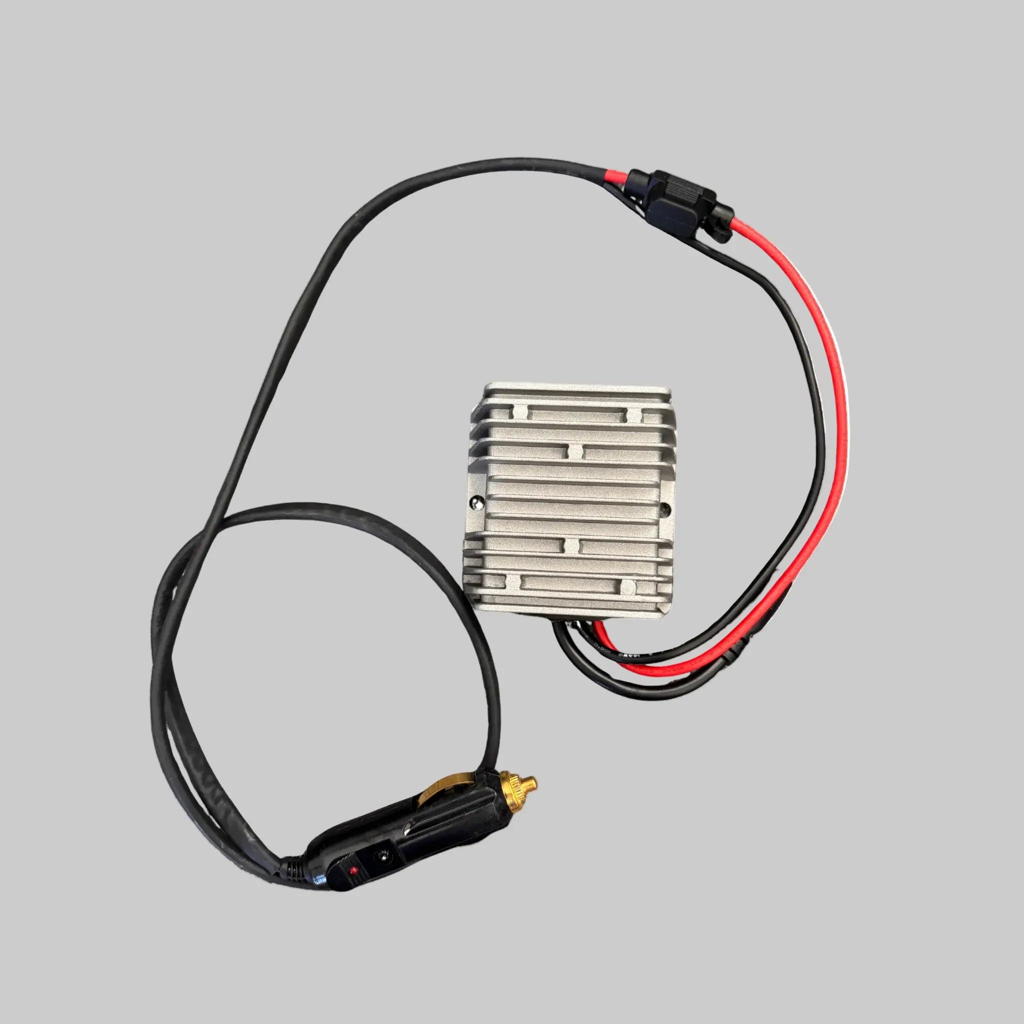 12V power regulator for Starlink Mini front view with wiring and Anderson connector