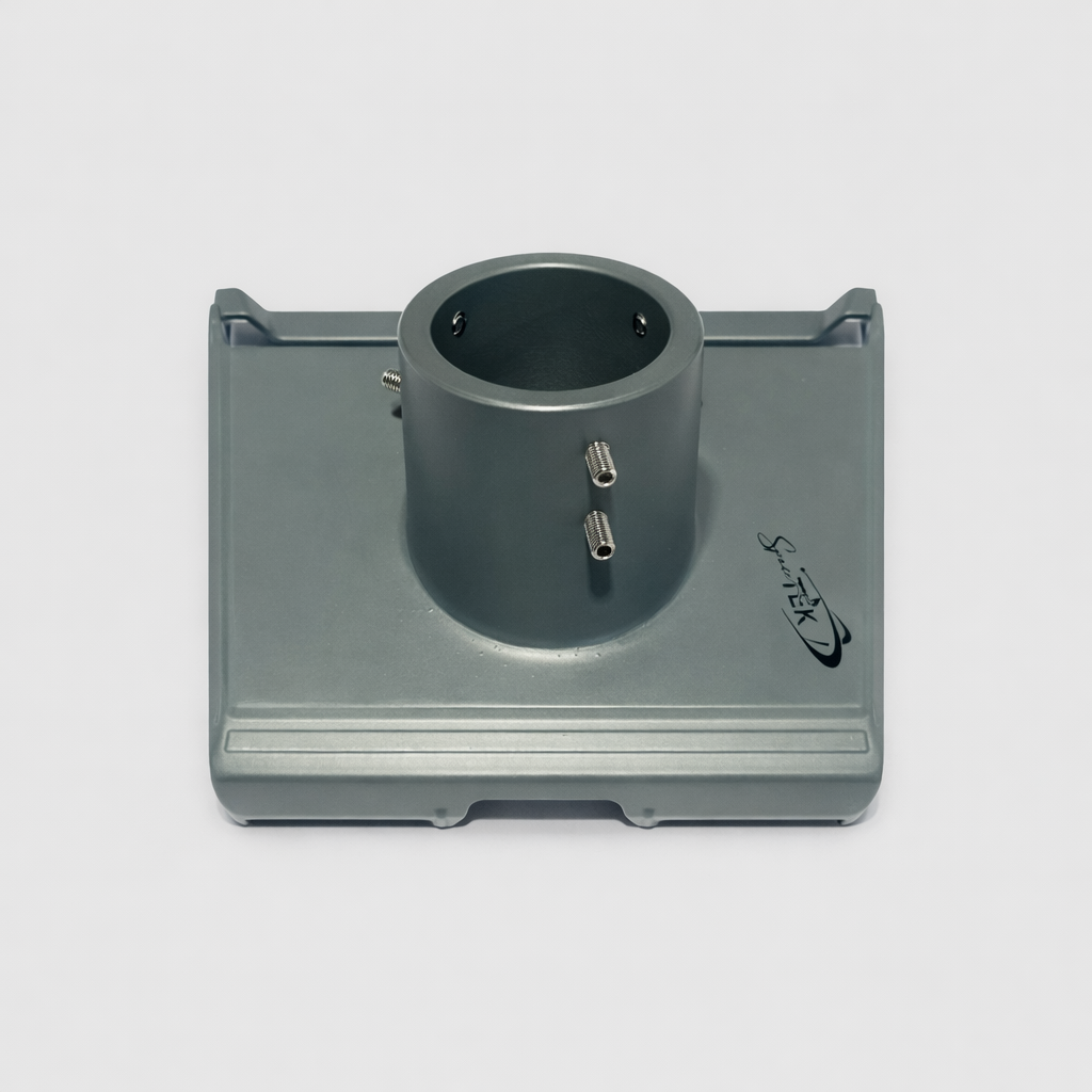 Front view of SpaceTEK Starlink Gen 3 aluminium pole adapter with three set screws and precision-machined base.