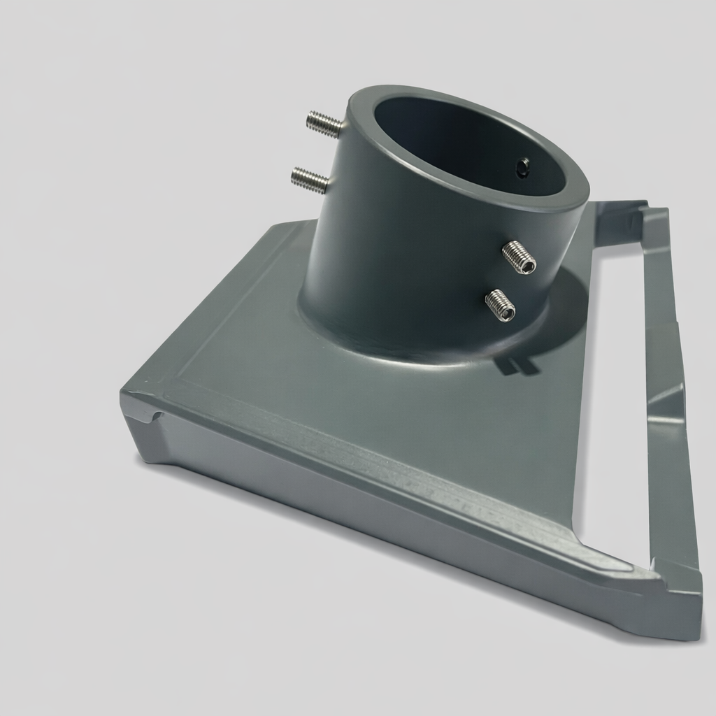 Side angle view of SpaceTEK aluminium Starlink Gen 3 pole adapter with set screws on neutral background.