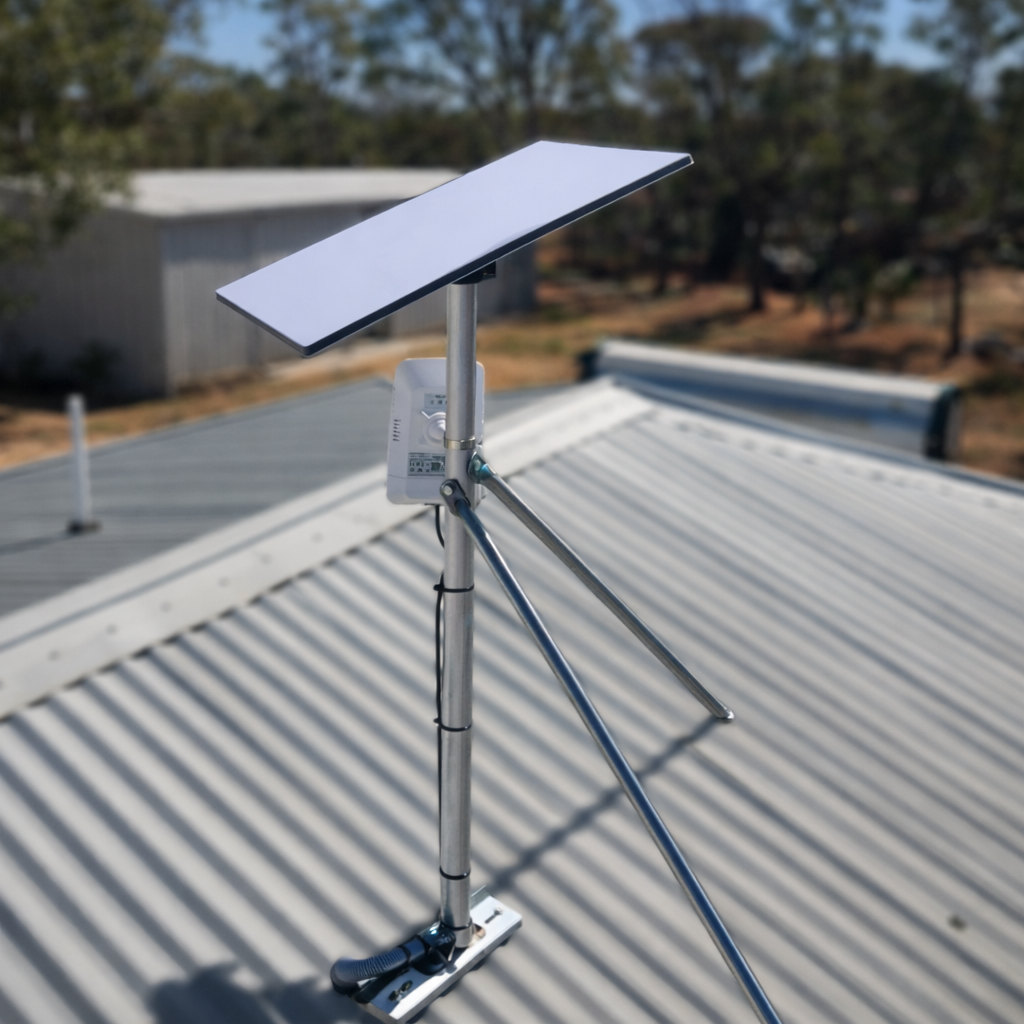 Top-down view of Spacetek Starlink Gen 3 tin roof mount kit showing base plate, pole, and tripod support system