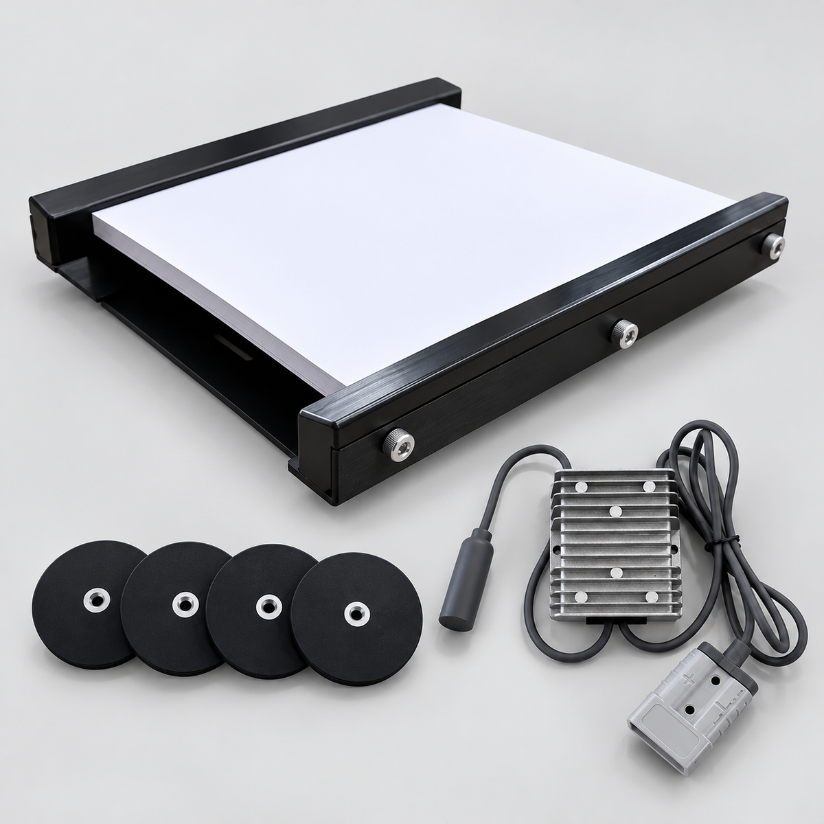Spacetek Starlink Mini In-Motion Road Bundle featuring a black aluminium mount, certified DC-DC booster and magnetic mounting feet