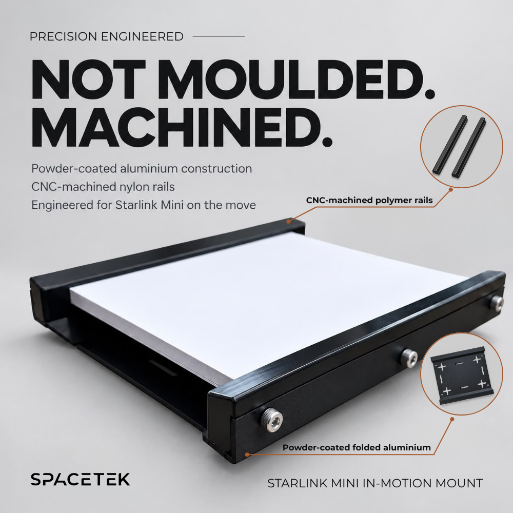 Spacetek Starlink Mini in-motion mount diagram highlighting powder-coated aluminium construction and CNC-machined polymer rails.