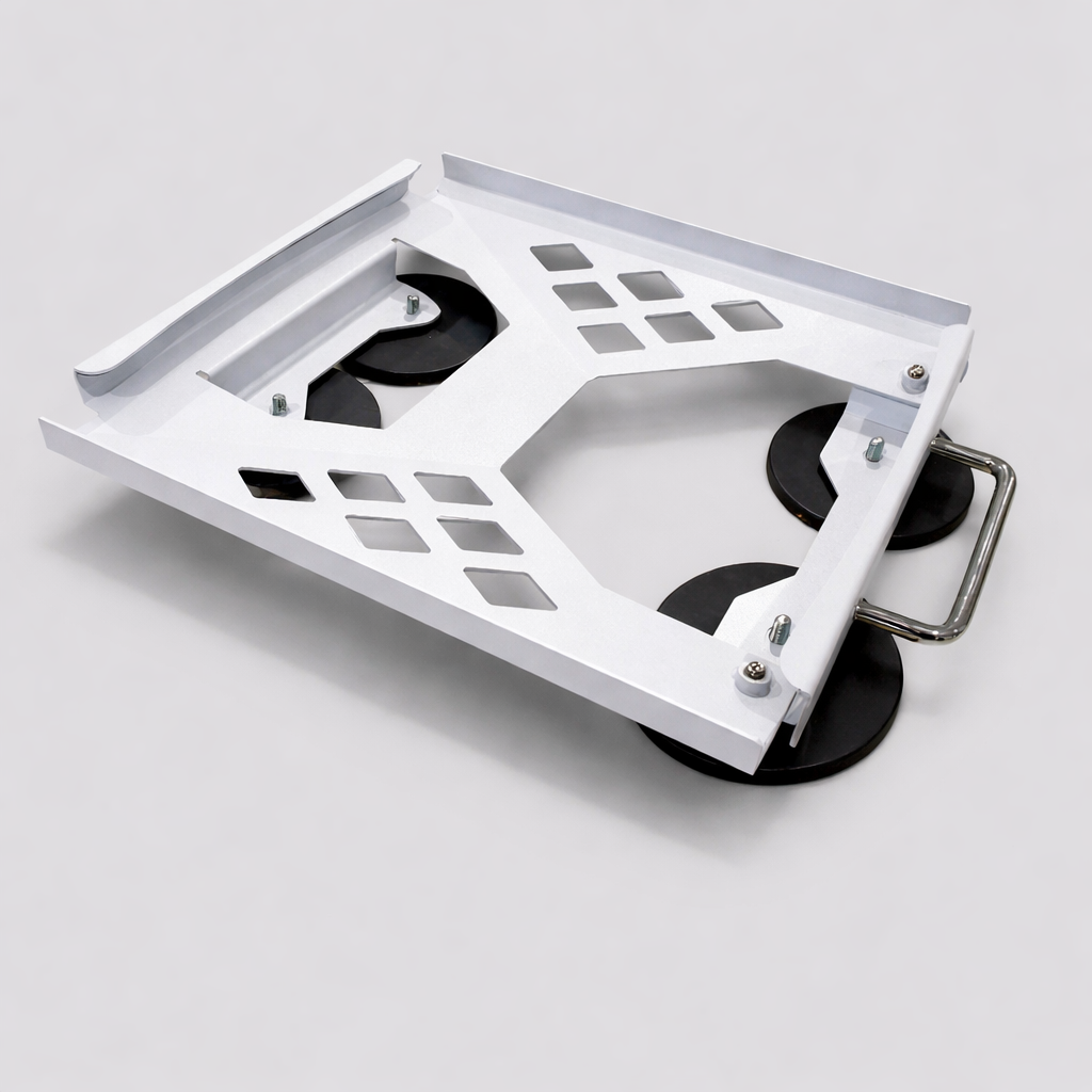 White Spacetek magnetic mobility mount for Starlink Mini shown from an angled side view with 4 magnetic M8 feet on a neutral grey background.