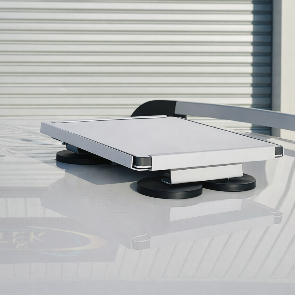 Starlink Mini magnetic mount installed on vehicle roof, showing realistic use with reflections and outdoor backdrop.