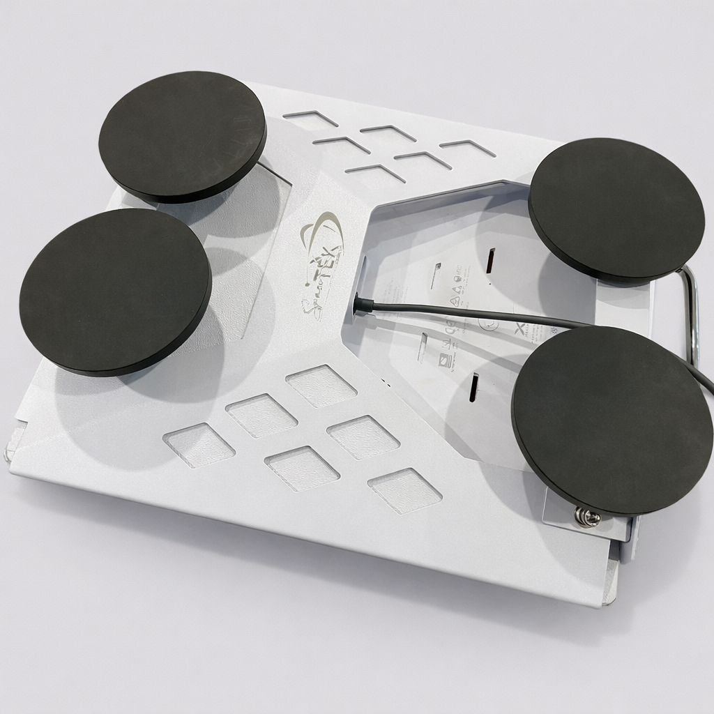 Bottom of Spacetek Starlink Mini mount showing magnetic feet, cable routing, and engraved logo on white aluminum surface