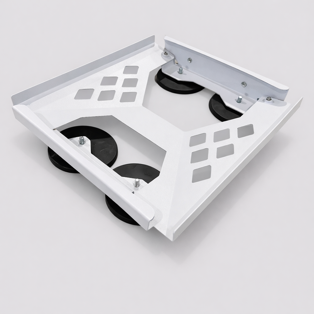 Top view of the white Spacetek aluminum bracket for Starlink Mini with cutouts and dual suction feet, shown on a grey background.