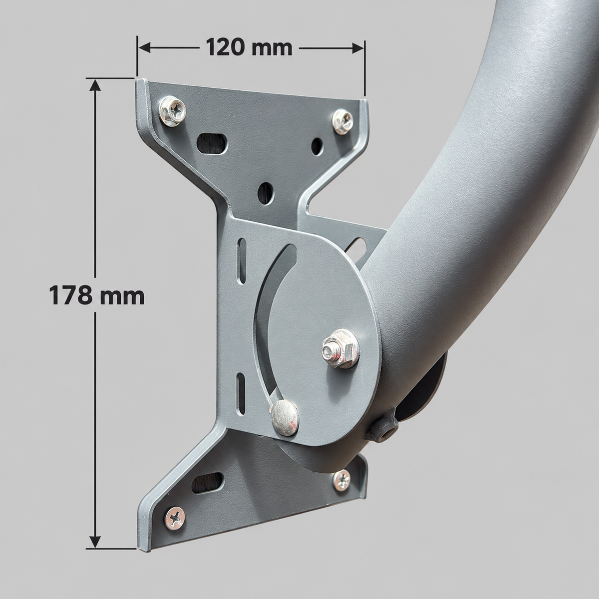 Spacetek Starlink wall mount bracket close-up showing the wall plate dimensions of 120 mm wide by 178 mm high.