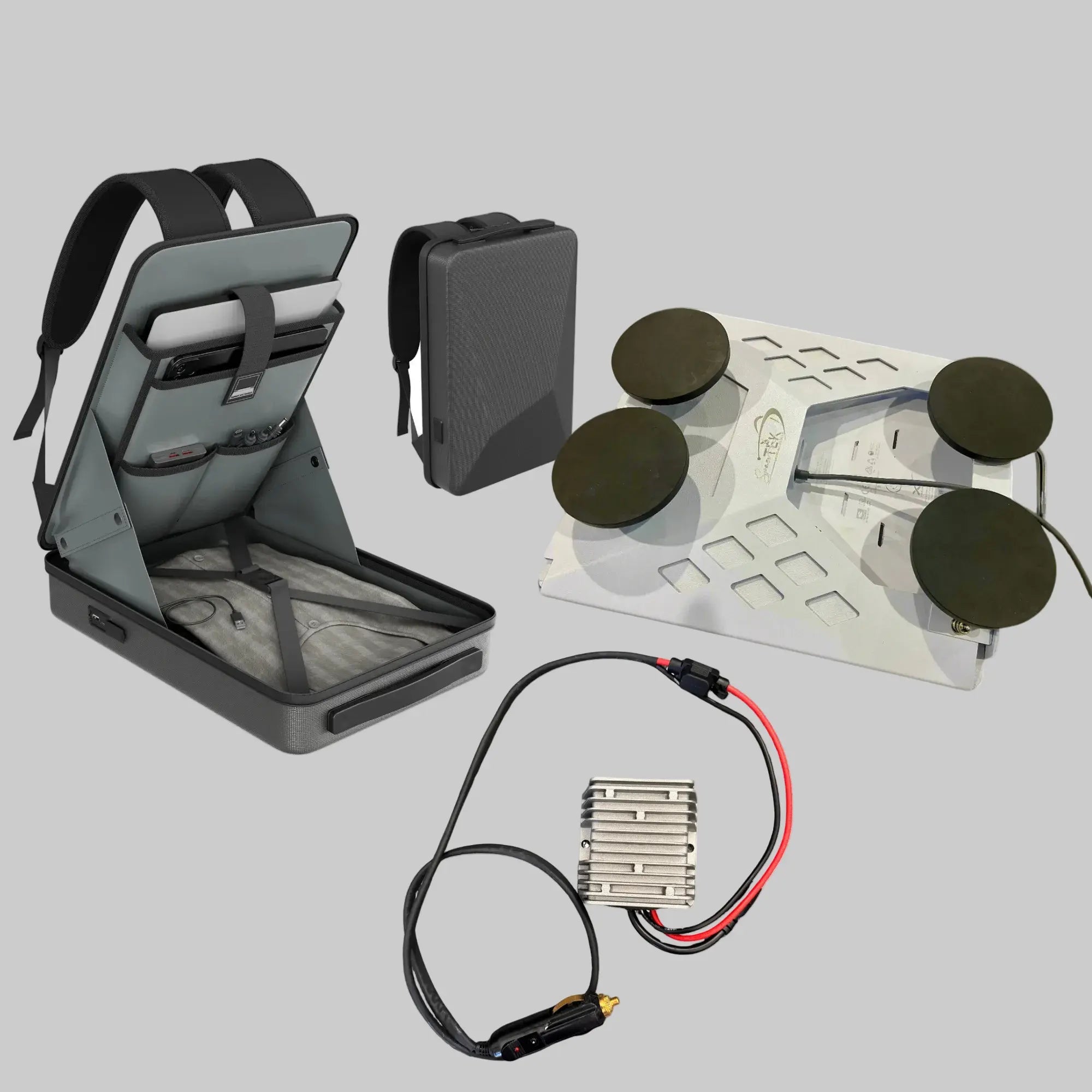 Spacetek Value Bundle for Starlink Mini, including rugged backpack, magnetic mount and 12V power regulator.