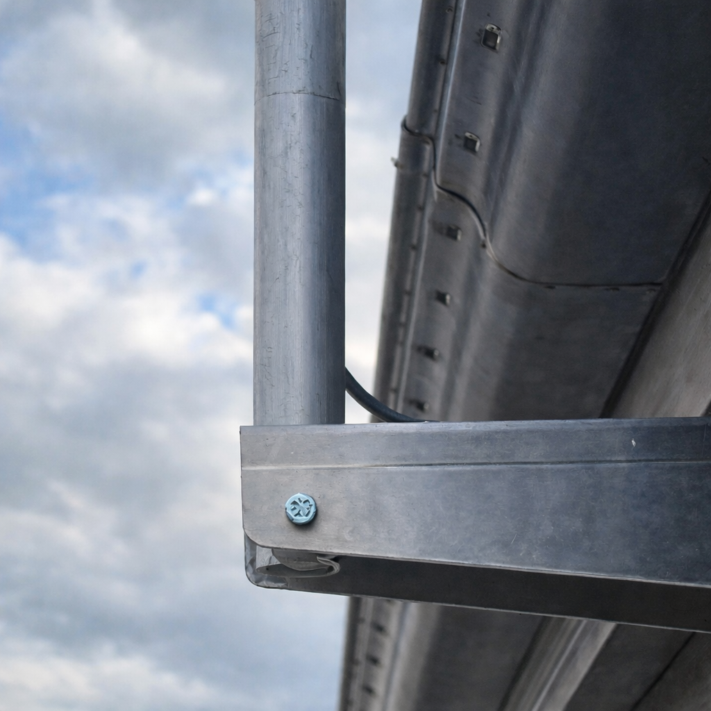 Close-up side view of the Spacetek Wall/Eave Mount Kit for Starlink Gen 3, showing the installed bracket and vertical pole attached under the eave.