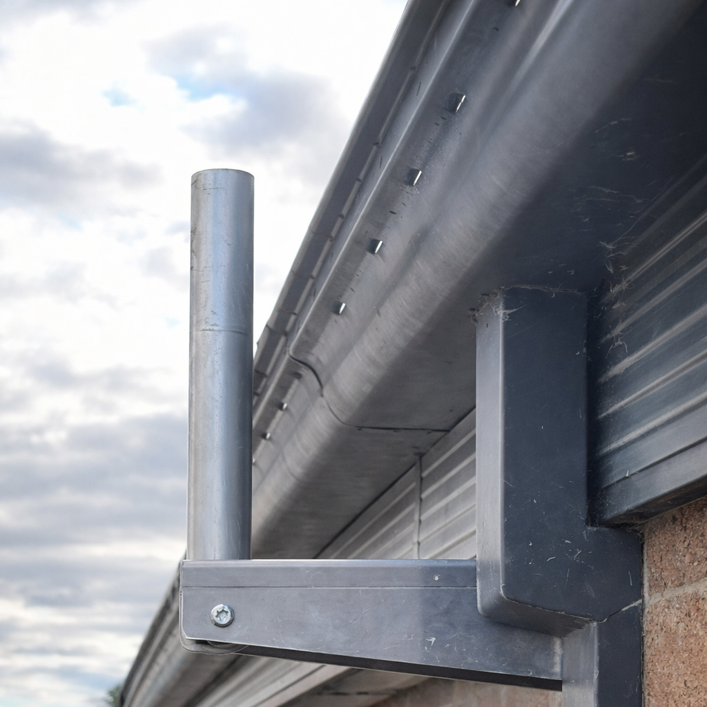 Angled view of the mounted Spacetek Wall/Eave Kit for Starlink Gen 3, installed under a corrugated metal eave.