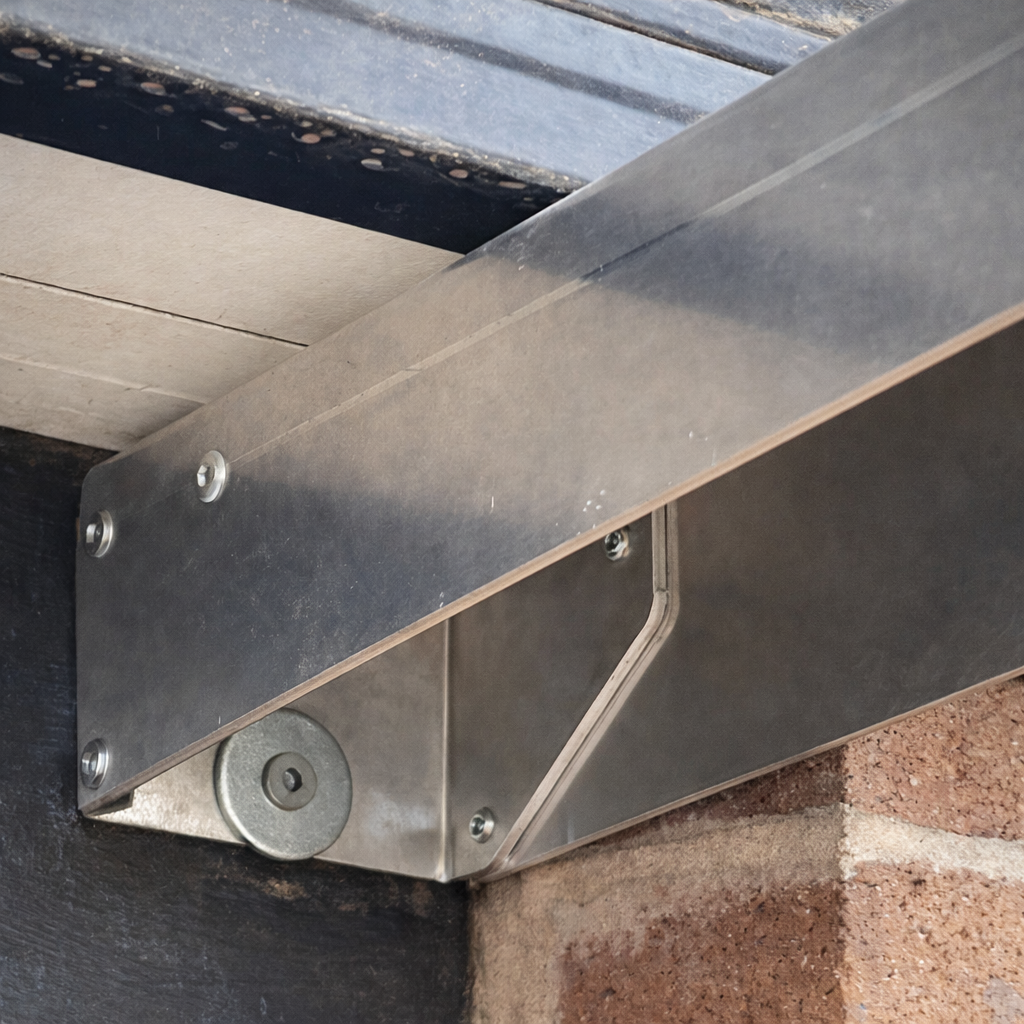 Close-up underside view of the Spacetek Wall/Eave Mount Kit for Starlink Gen 3, highlighting mounting points and machined bracket edges.