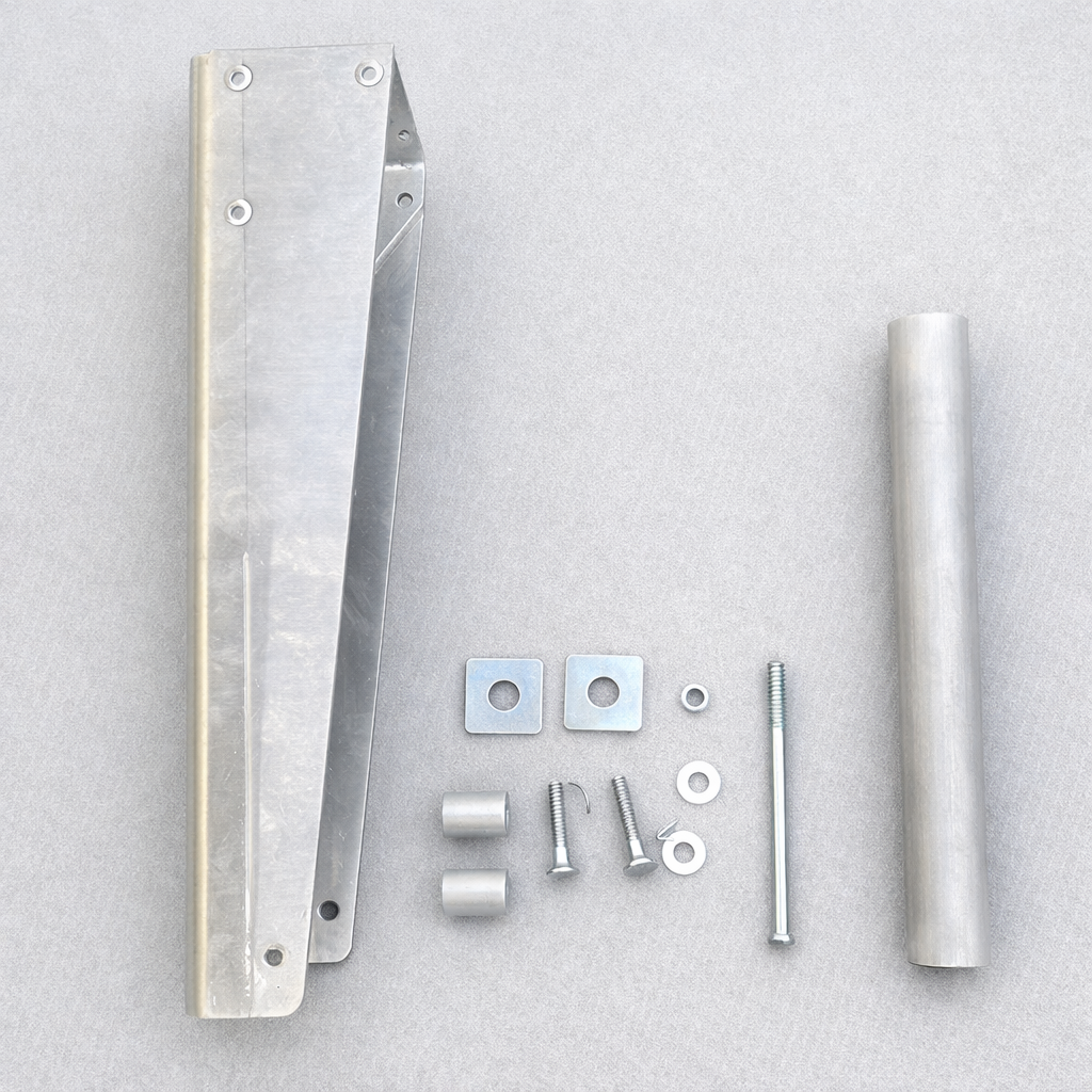 Overhead view of all components in the Spacetek Wall/Eave Mount Kit for Starlink Gen 3, including bracket, spacers, bolts, and mounting hardware.