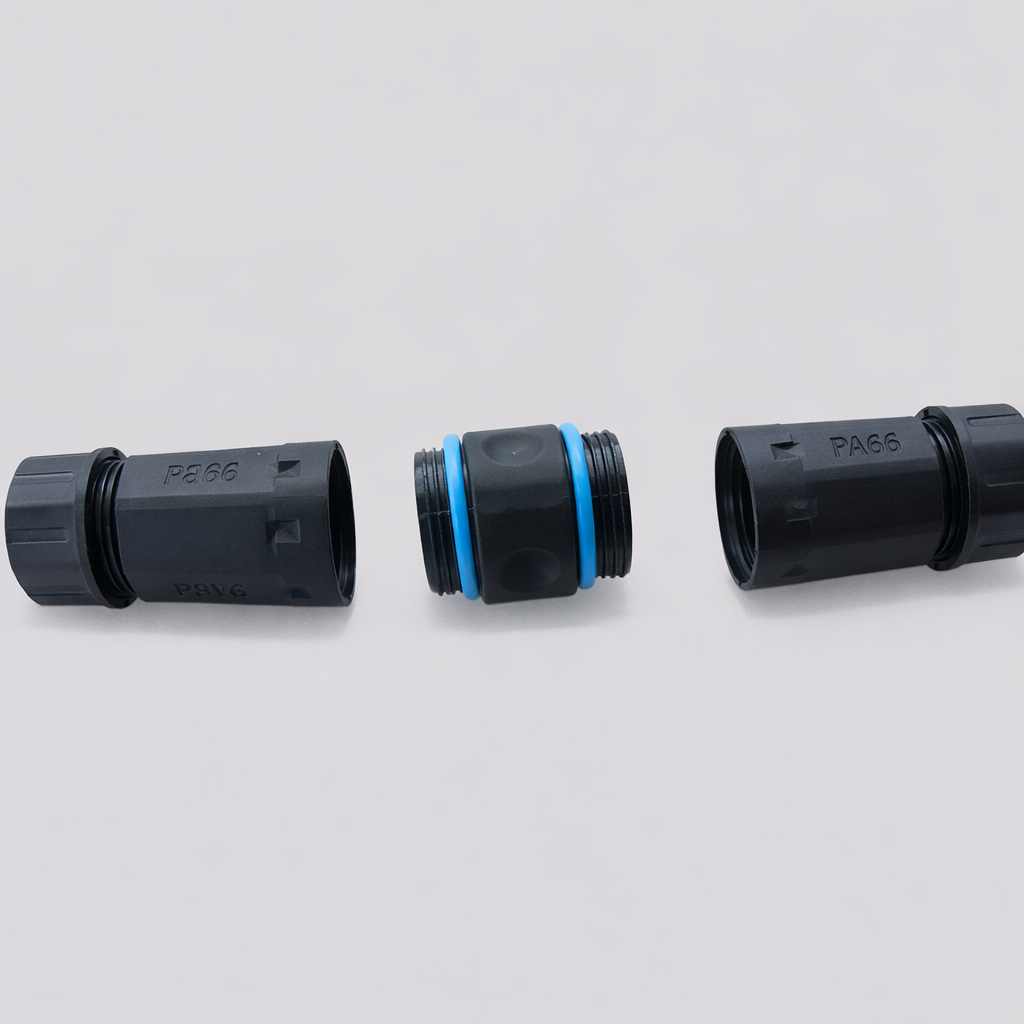 Full view of the Starlink Cat6a RJ45 IP68 outdoor waterproof connector with cable gland and coupling nut