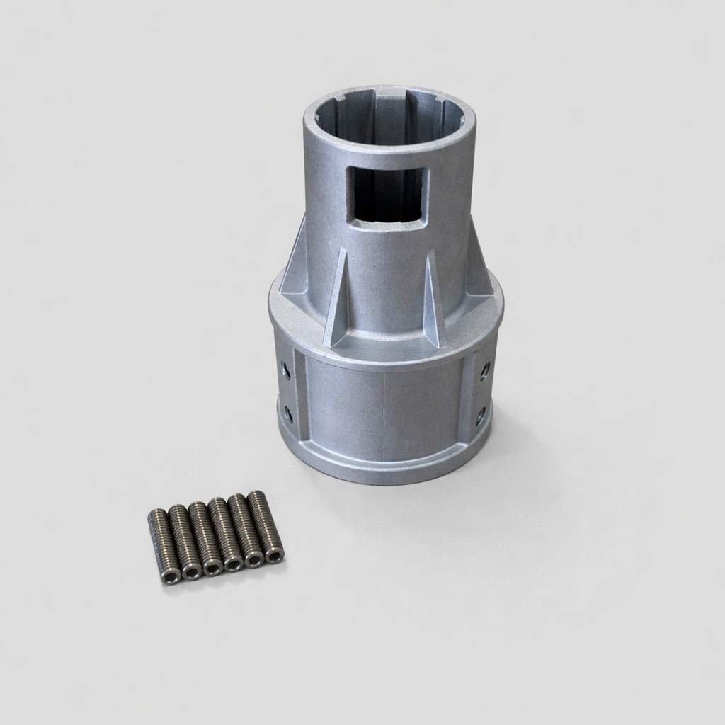 Starlink Gen 2 pole adaptor standing upright with included mounting screws, machined aluminium finish