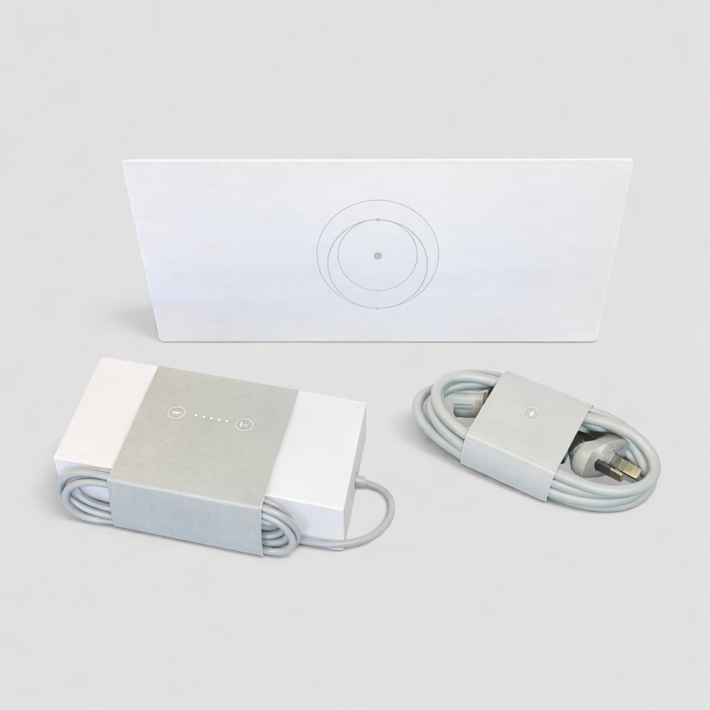 Front view of the Genuine Starlink Gen 3 Router kit, showing the wireless router panel with circular detail, power adapter, and coiled cable on a clean grey background