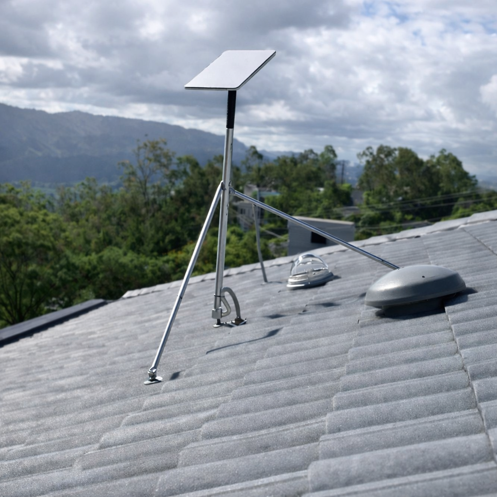 Starlink Gen 3 dish installed on tile roof using reinforced tripod roof mount kit.