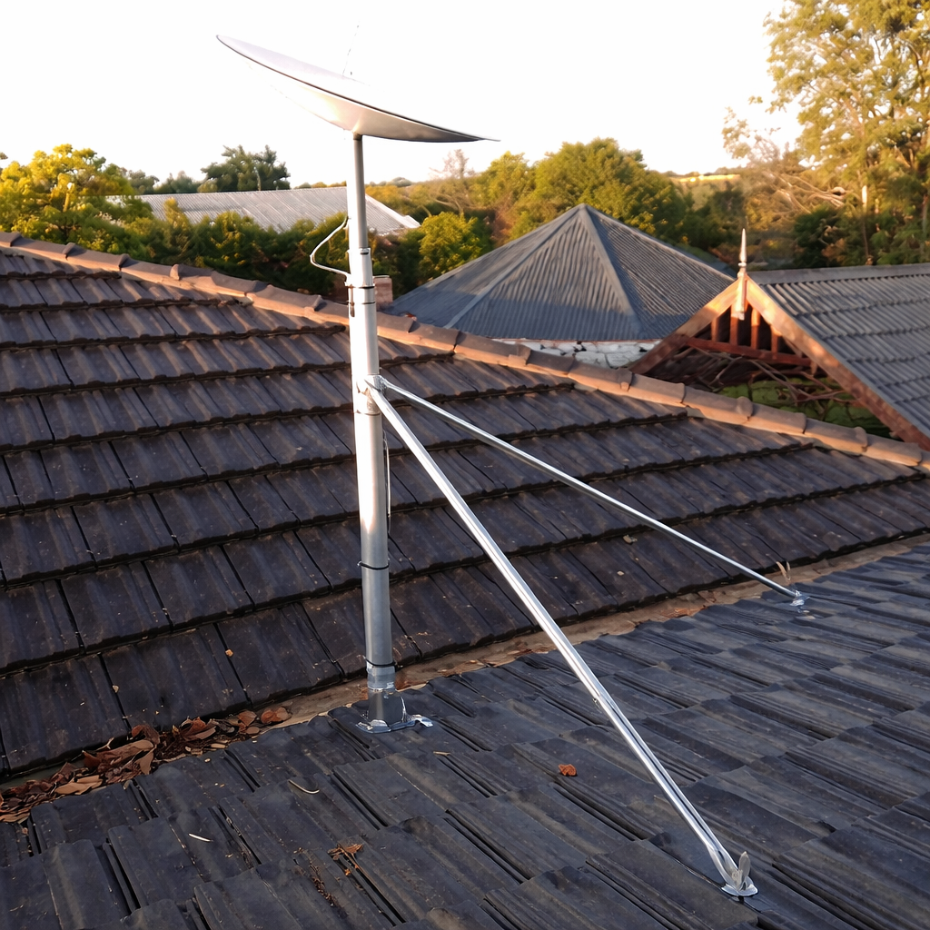 Starlink Gen 3 dish mounted on tiled roof with stabilizing support arms.