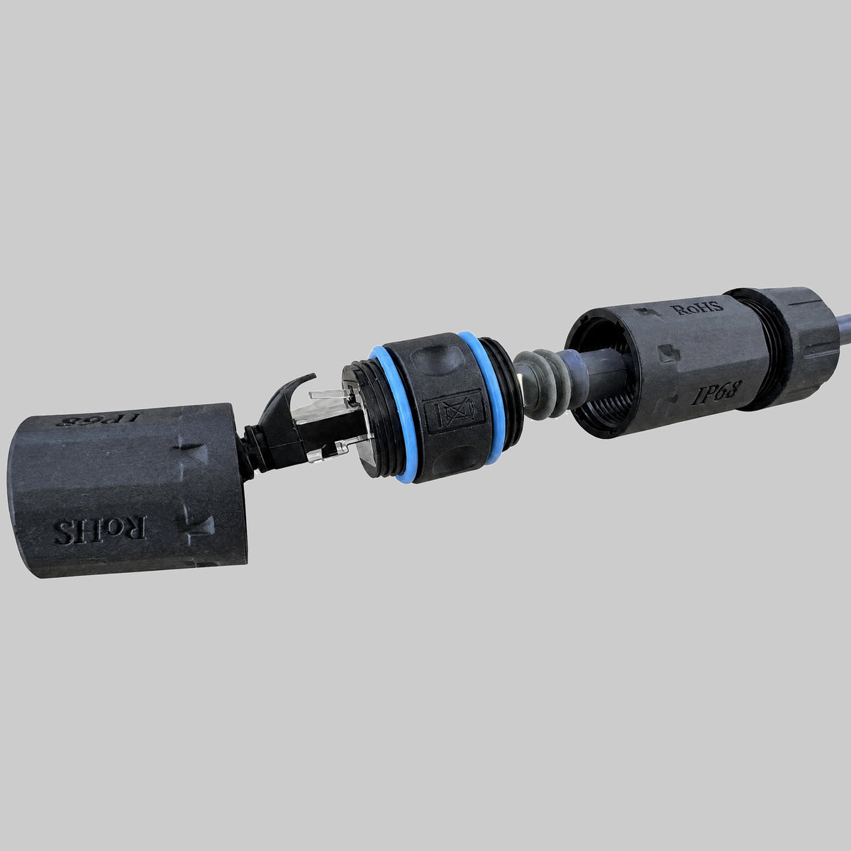 Open RJ45 connector view of the waterproof RJ45 cable joiner showing its internal socket