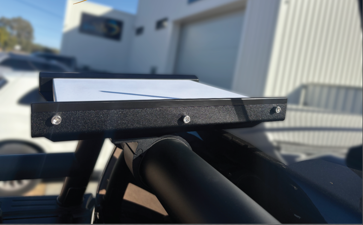 Starlink Mini aluminium mount installed on vehicle roof rack, outdoor daylight photo