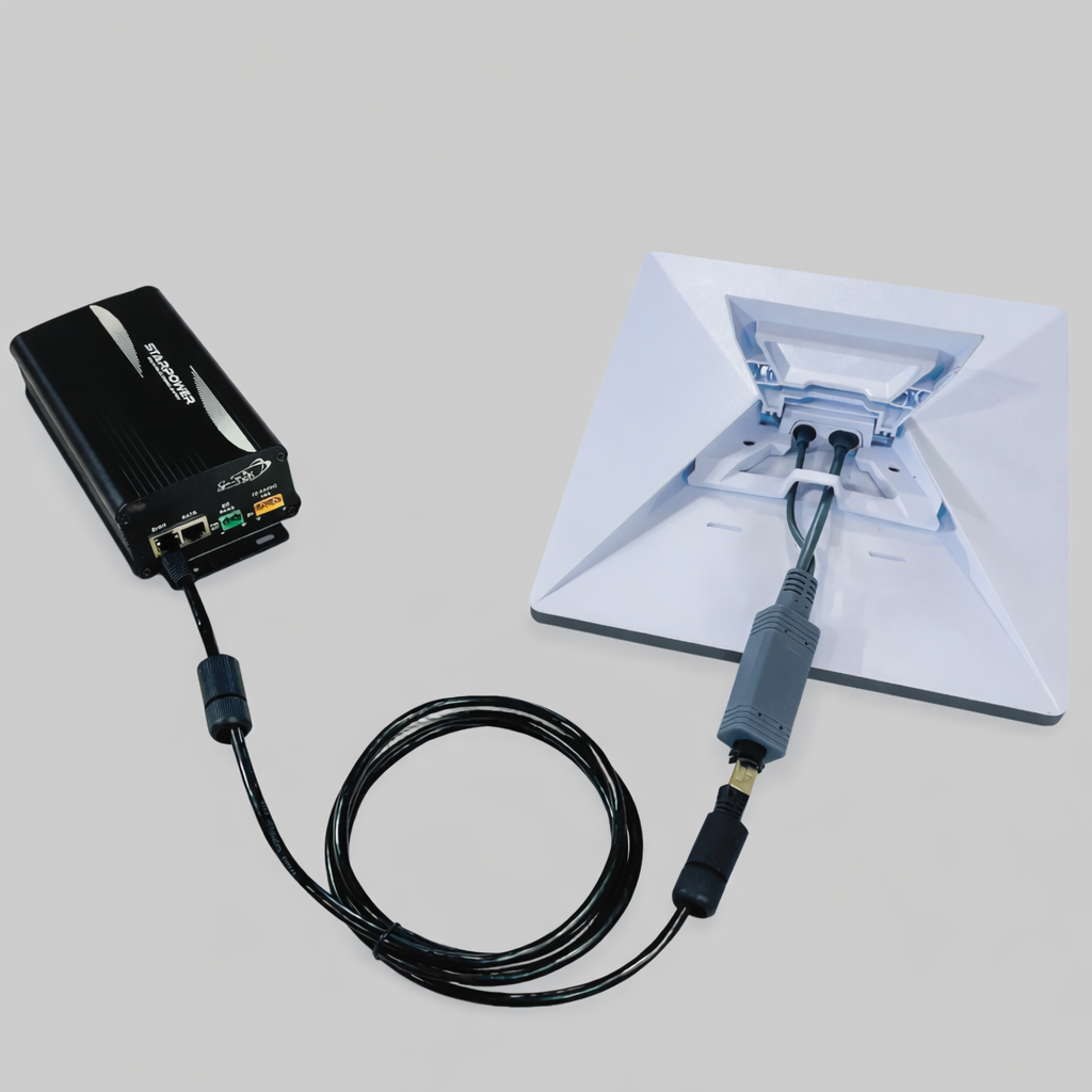 Starlink Mini Combiner/Splitter Cable connected to back of Starlink Mini dish – full power and data split via rugged waterproof inline cable.