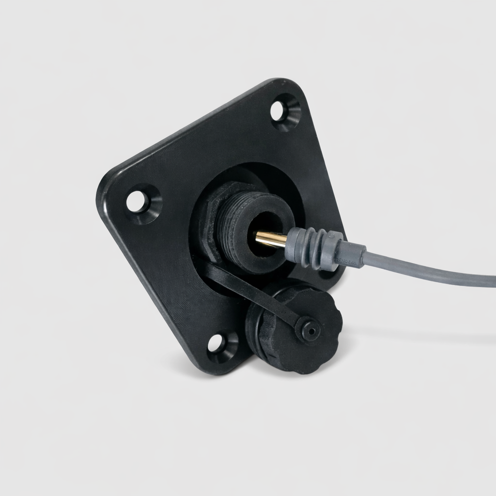Square recessed DC socket with weather cap and pre-connected cable for Starlink Mini 12V vehicle and caravan integration