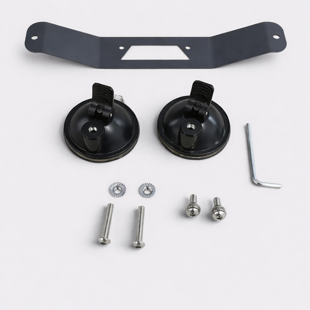 Flat lay of the complete Starlink Mini suction mount kit, including suction cups, steel bracket, screws, washers, and included Allen key. Everything required for a secure temporary mounting setup.