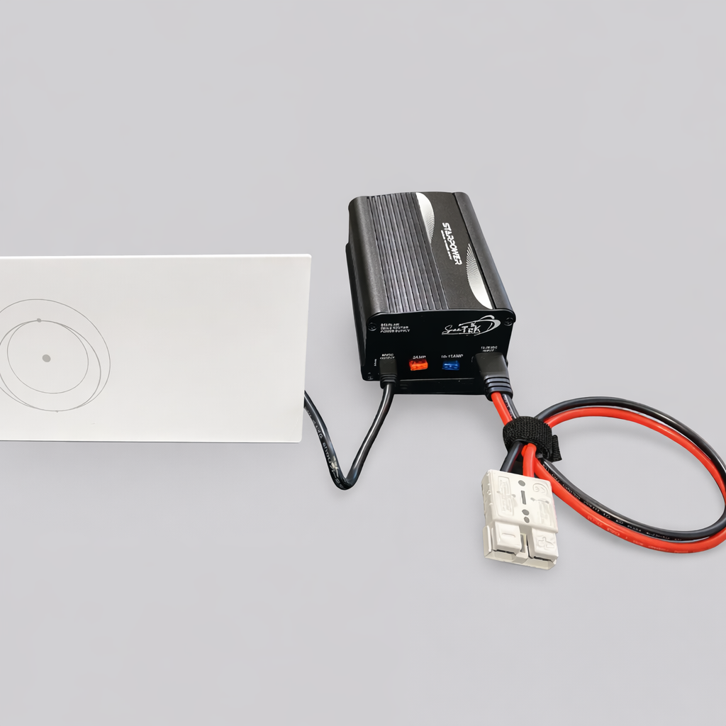 Starpower Gen 3 power supply connected to a white Starlink Gen 3 router with visible wiring and Anderson power cable