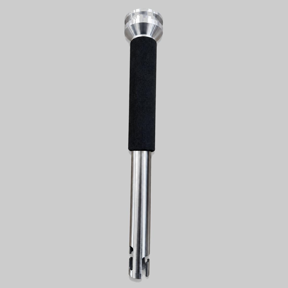 Full view of stainless steel rod holder pole mount adapter with black grip sleeve
