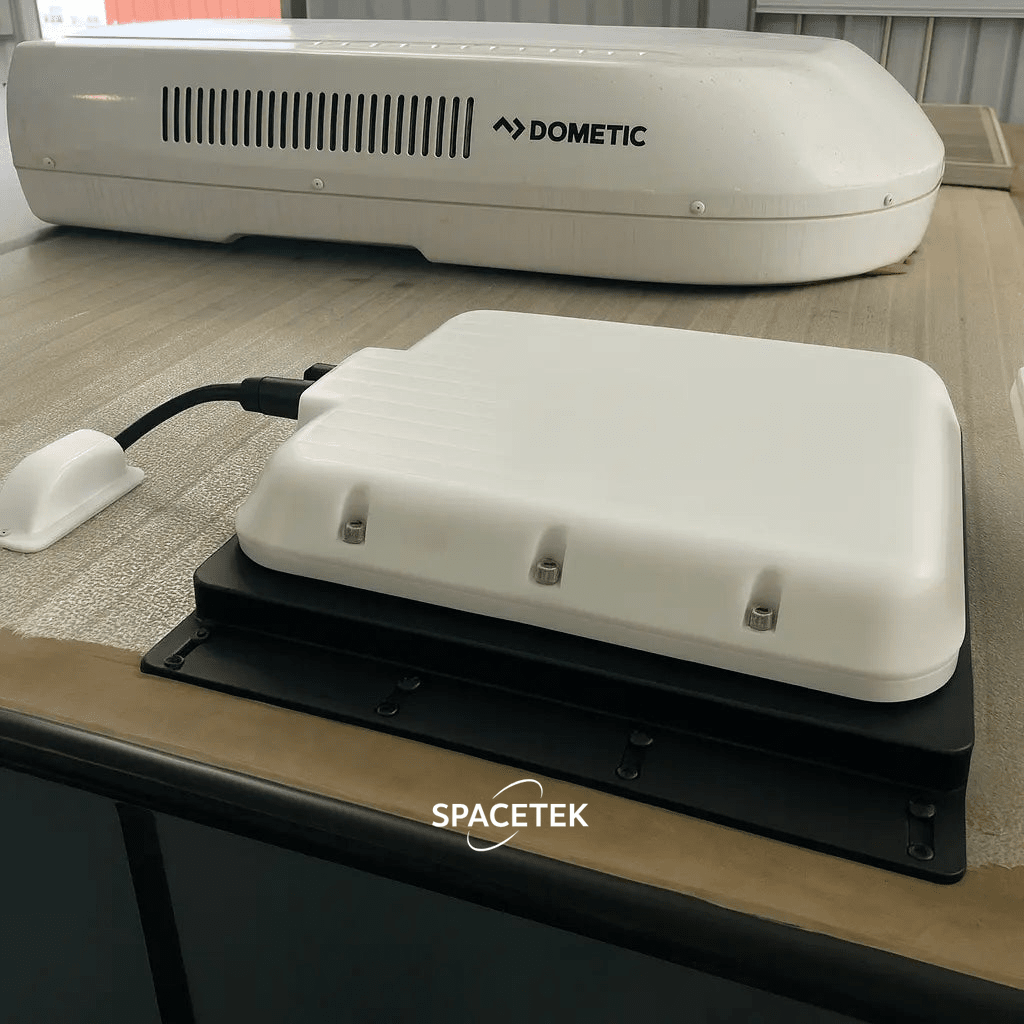 V-Cell rugged enclosure for Starlink Mini, roof-mounted next to Dometic air conditioner on fixed vehicle install