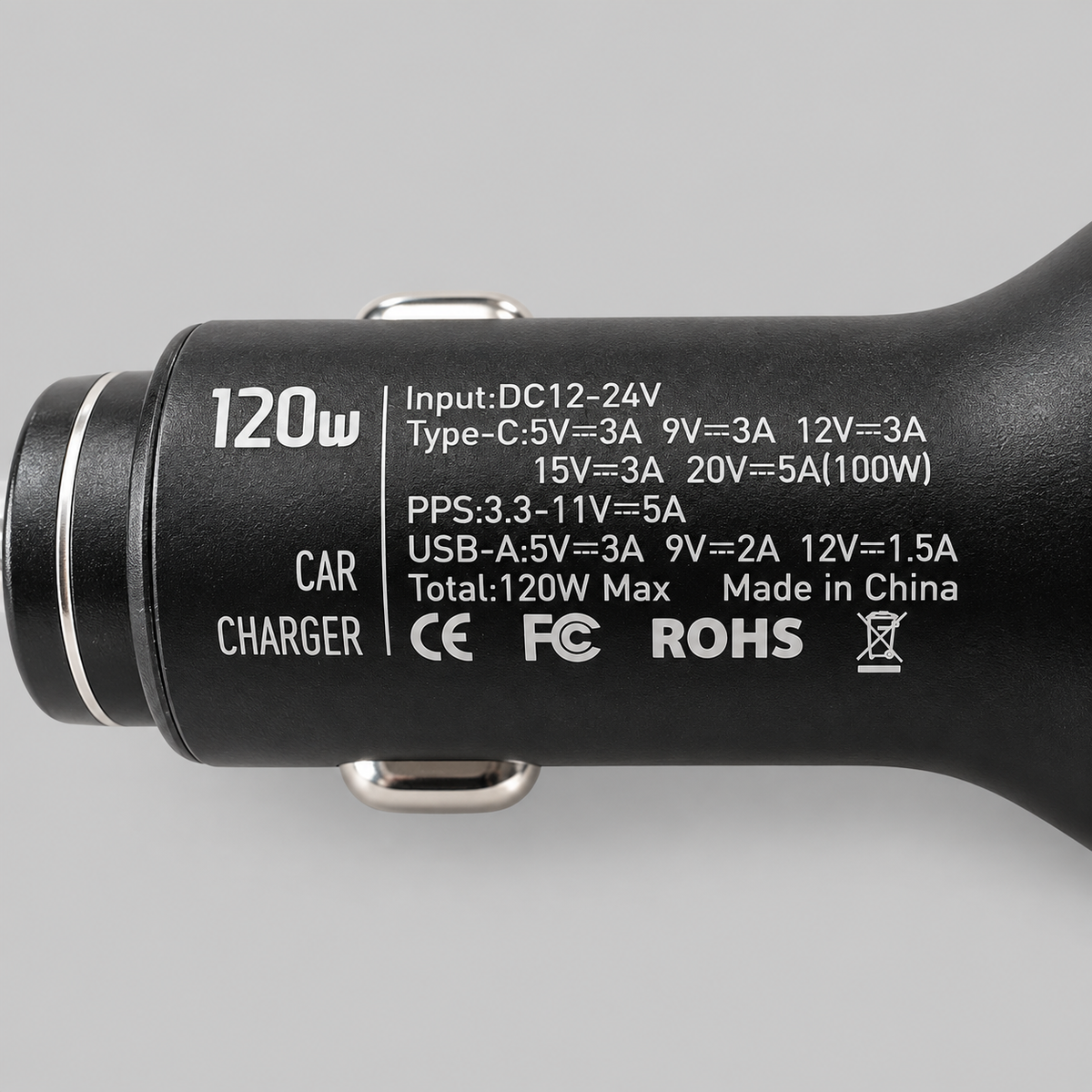 120W cigarette lighter car power adaptor showing USB-C and USB-A output specifications for Starlink Mini and Starlink Router Mini