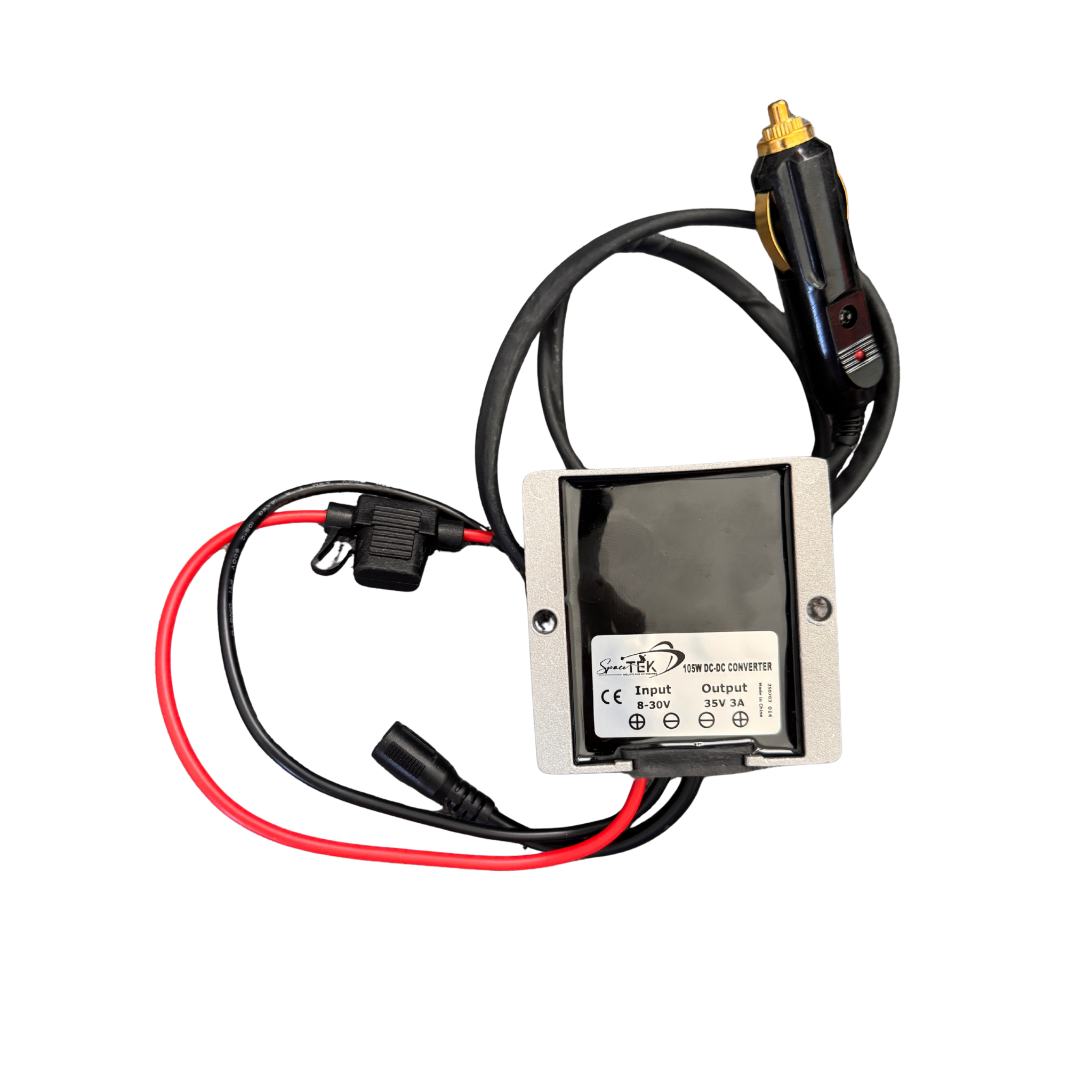 12V aluminium voltage booster regulator with ciggarette plug and DC output connector, shown on white background