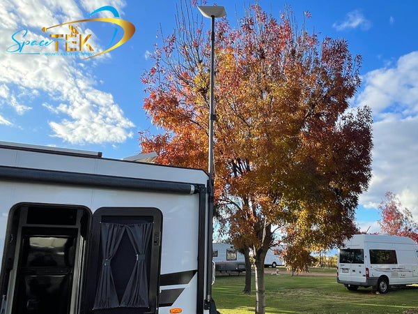 Carbon Fibre Telescopic RV Mount showing 1-3 metre extension capability with lightweight construction ideal for mobile applications
