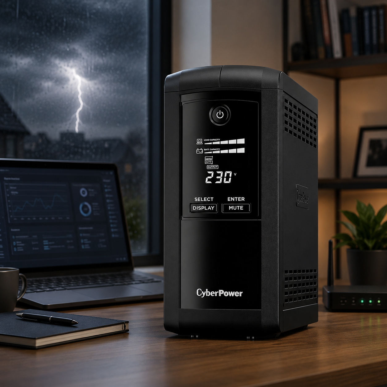 CyberPower UPS battery backup providing surge and outage protection for a Starlink internet system in a home office during a thunderstorm.
