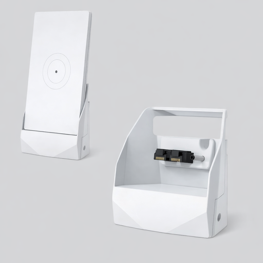 White docking station for Starlink Router Mini with a mounted device, shown in two positions against a light grey background. One unit is fully docked, and the other reveals the internal connector
