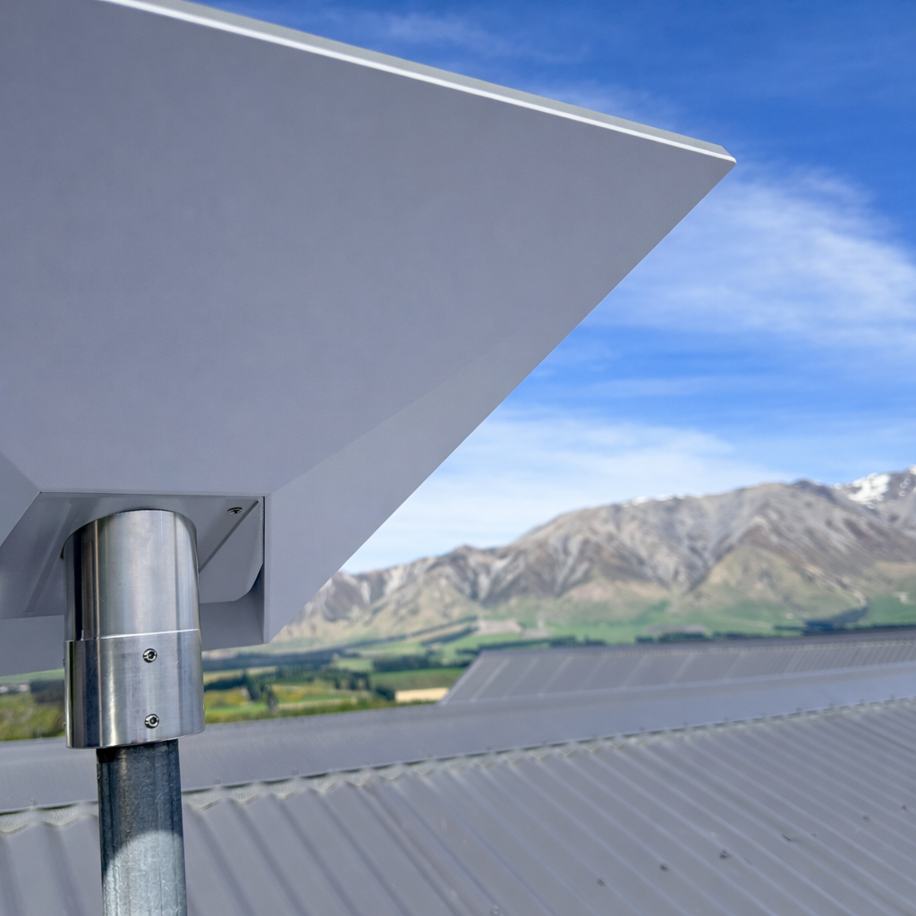 Starlink Gen 3 mounted on a heavy duty Spacetek Roof Mount  with NZ mountains in the background. 