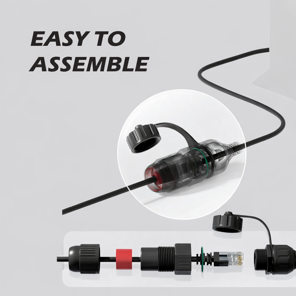 SPX to RJ45 waterproof adaptor for Starlink Gen 2 — labeled “Easy to Assemble” with transparent connector view and exploded diagram