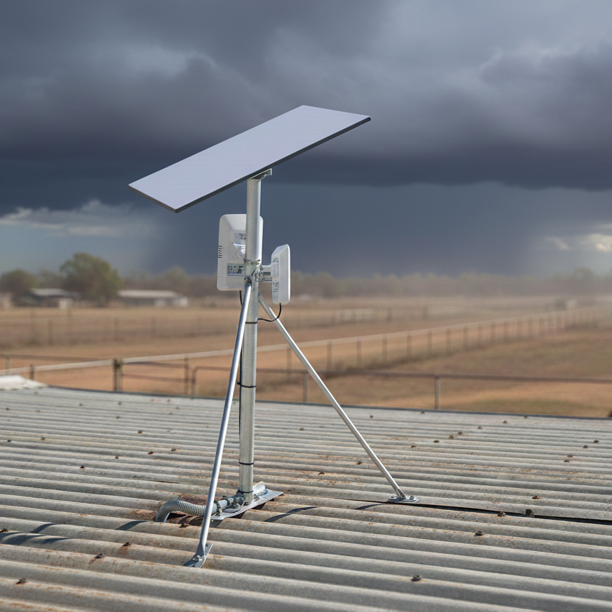 Starlink Gen 3 Home Bundle SpaceTek mounted on a tin roof with a heavy storm in the background